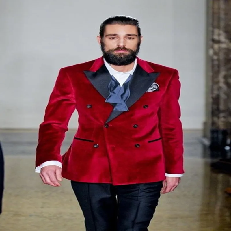 Raudona Pasiekė Atvartas Aksomo Vyrų Kostiumai 2020 naujausias Dizaino 2 Dalių (Švarkas+Kelnės) Mados Gražus Terno Masculino Specialiai Plius Dydis - 0
