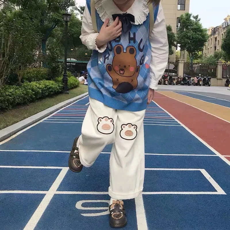 Smėlio Japonijos Kawaii Siuvinėjimo Velvetas Kelnės Fleece Aukšto Juosmens Preppy Stilius Y2k Moterų Stright Saldus Pločio Kojų Kelnės - 0