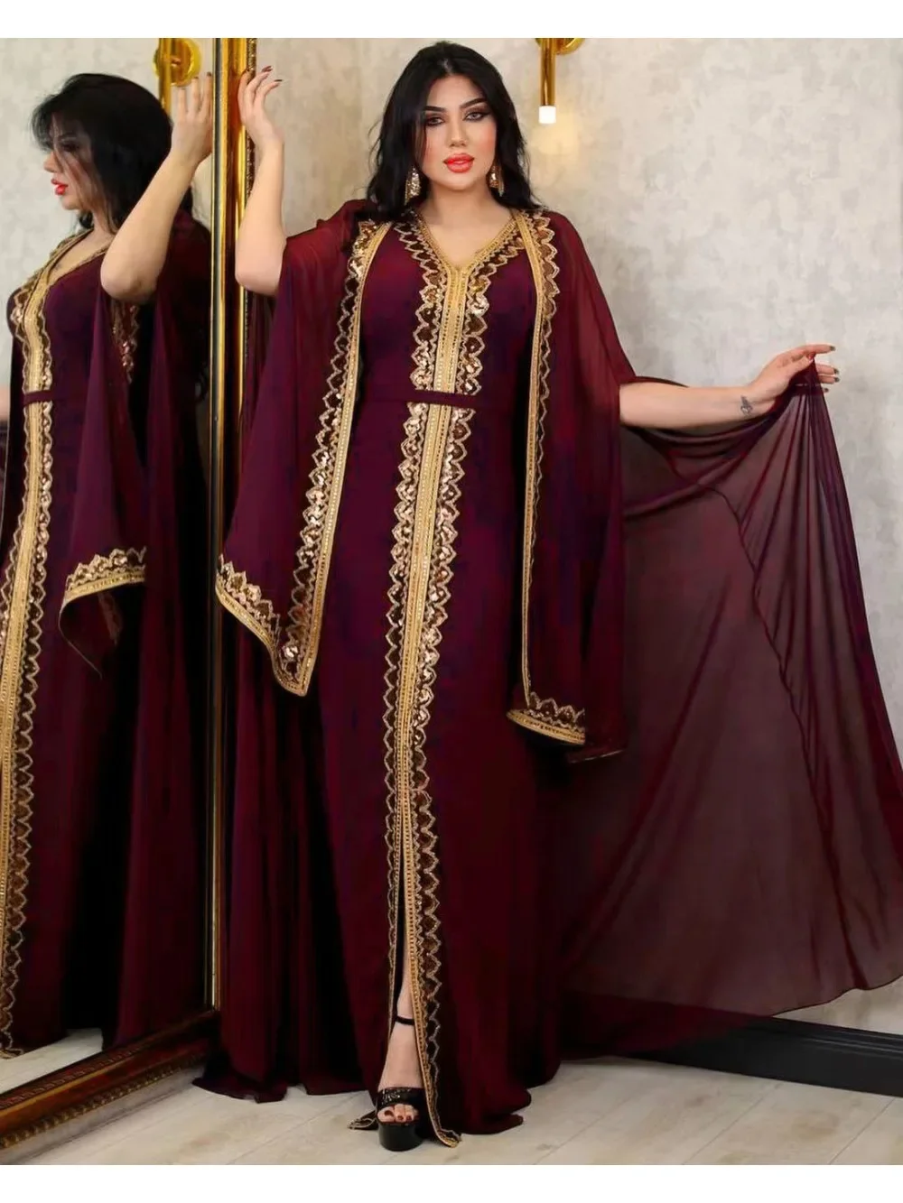 Elegantiškas Musulmonų Abaja Moterų Suknelę 2 dalių Komplektas Šifono Apsiaustu Caftan Indijos Šalis Suknelės Blizgančiais Kinono Skraiste, Vestidos Abayas - 0