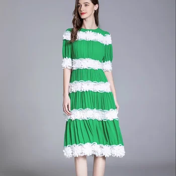 2023 Vasaros Moterų Drabužiai Princesė Stilius Žaliųjų Partijos Suknelė, O Kaklas Trumpas Rankovės Mados Appliques Slim Plisuotos Suknelės
