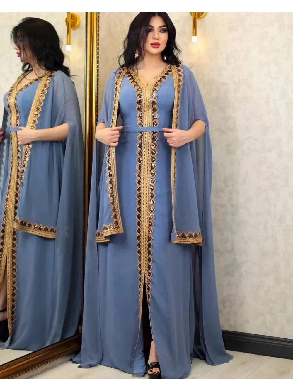 Elegantiškas Musulmonų Abaja Moterų Suknelę 2 dalių Komplektas Šifono Apsiaustu Caftan Indijos Šalis Suknelės Blizgančiais Kinono Skraiste, Vestidos Abayas - 1