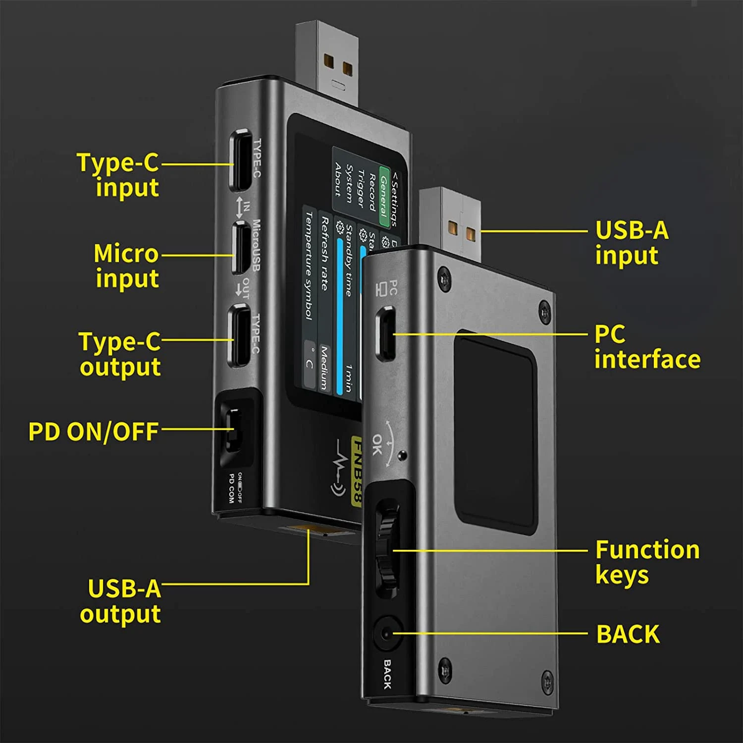 FNB58 USB Testeris, Skaitmeninis Voltmeter Srovės Testeris USB Tipo C spartusis įkrovimas Protokolas Galios PD Sukelti Aptikimo Max 7A - 1