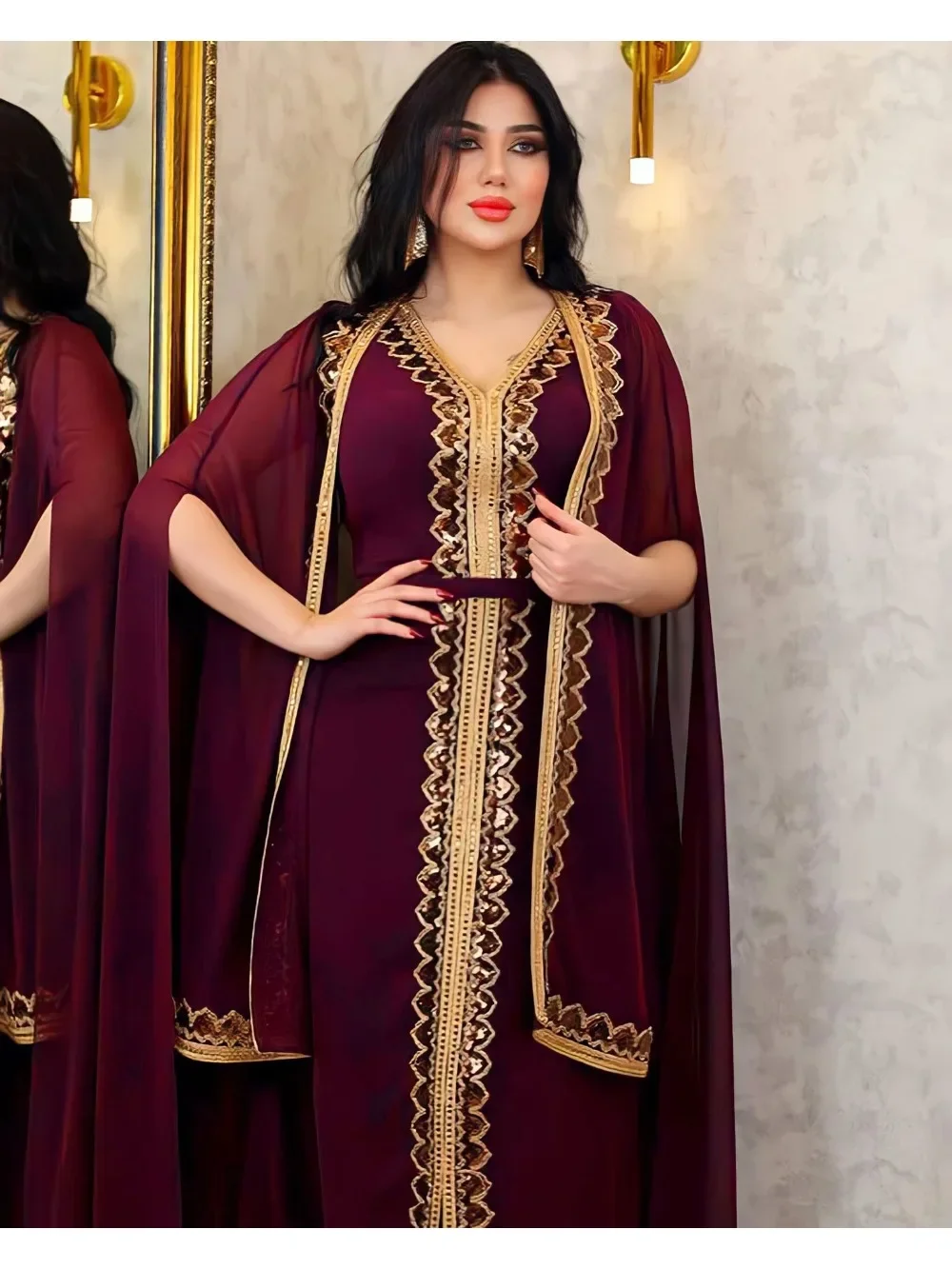 Elegantiškas Musulmonų Abaja Moterų Suknelę 2 dalių Komplektas Šifono Apsiaustu Caftan Indijos Šalis Suknelės Blizgančiais Kinono Skraiste, Vestidos Abayas - 2