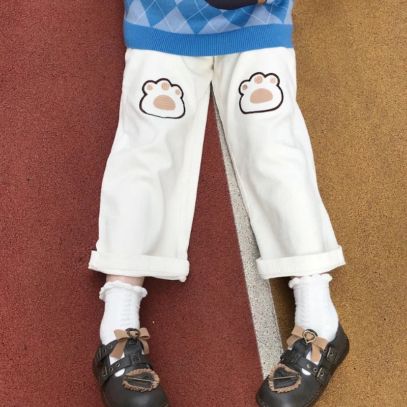 Smėlio Japonijos Kawaii Siuvinėjimo Velvetas Kelnės Fleece Aukšto Juosmens Preppy Stilius Y2k Moterų Stright Saldus Pločio Kojų Kelnės - 3