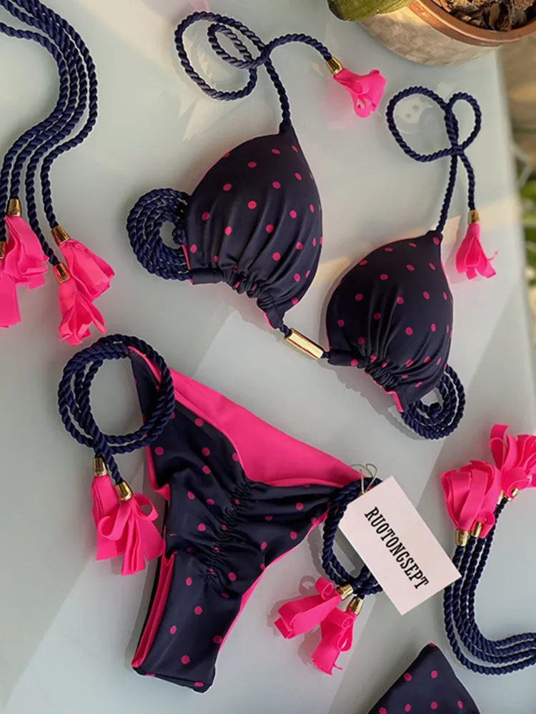 2023 Maudymosi kostiumai Seksualus Dot Spausdinti Bikini Nustatyti Moterų maudymosi kostiumėlį Tvarstis Push Up Plaukti 2 vnt Biquini Brazilijos Paplūdimio Maudymosi Kostiumas - 3