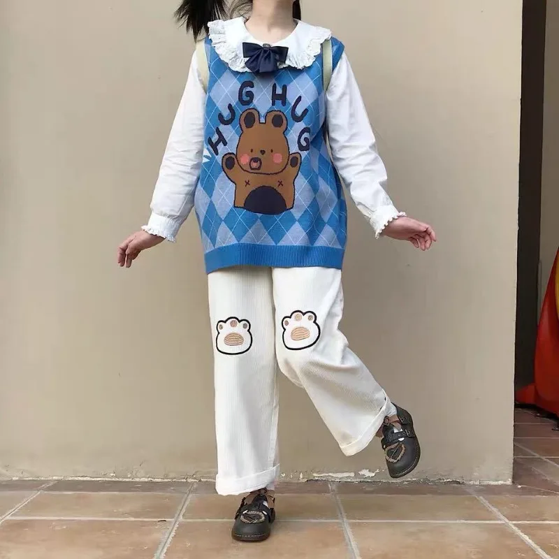 Smėlio Japonijos Kawaii Siuvinėjimo Velvetas Kelnės Fleece Aukšto Juosmens Preppy Stilius Y2k Moterų Stright Saldus Pločio Kojų Kelnės - 4