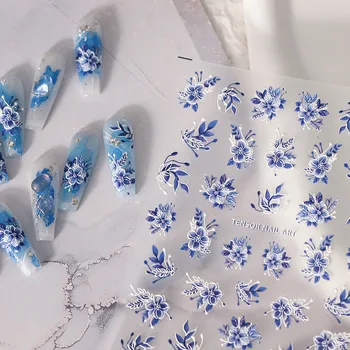 5D Mėlynos Baltos Gėlės Nagai Iškilumo Lipdukai 5D Gėlių Tekstūra Lipnios Etiketės 