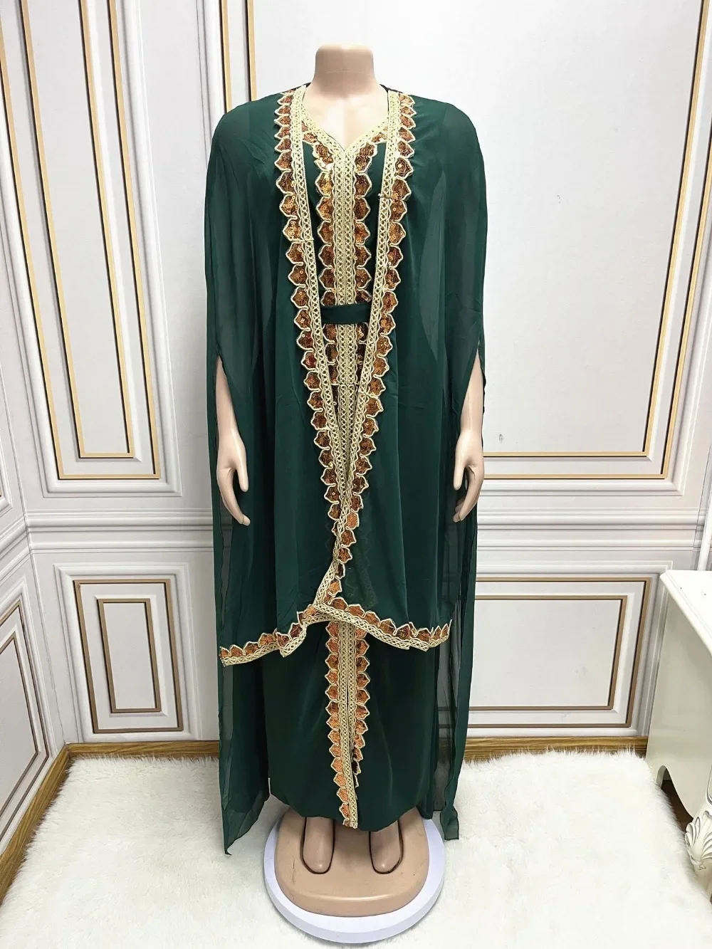 Elegantiškas Musulmonų Abaja Moterų Suknelę 2 dalių Komplektas Šifono Apsiaustu Caftan Indijos Šalis Suknelės Blizgančiais Kinono Skraiste, Vestidos Abayas - 5