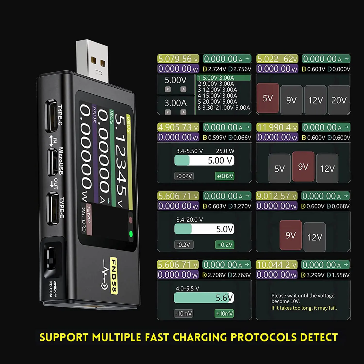FNB58 USB Testeris, Skaitmeninis Voltmeter Srovės Testeris USB Tipo C spartusis įkrovimas Protokolas Galios PD Sukelti Aptikimo Max 7A - 5