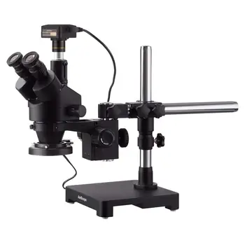 AmScope 7X-135X Juoda Trinokulinis Stereo, Zoom Mikroskopą ant Vienos Rankos Bumas Stovas + 144 LED Žiedas-šviesos 5MP su USB3.0 Fotoaparatas