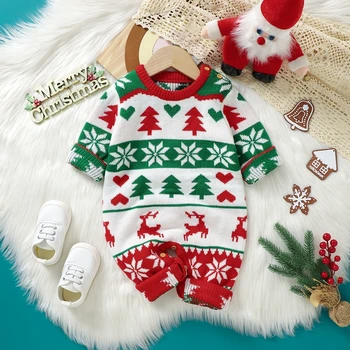 Bamblys Baby Girl Berniukas Megztinis Rompers Kalėdų Eglutė Snaigės Elnias Spausdinti Ilgomis Rankovėmis Megztiniai Bodysuits Žiemos Drabužių