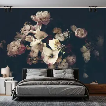 Bijūnų balta gėlė medienos tekstūros fone 3D custom miegamasis, gyvenamasis kambarys su sofa-lova, TV foną, sienos, sienų tapetai