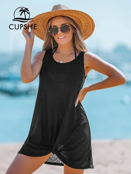 CUPSHE Slub Mezgimo Twist-Hem Bikini Plaukti Padengti Iki Moterų Sexy Rankovių Paplūdimio Tunika Mini Cover-Up Dress 2023 Vasaros Paplūdimio