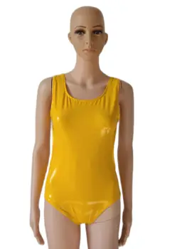 Geltona trumpa Catsuit Kūno kostiumas Zentai Kostiumas PVC dirbtiniais Odos Seksualus vientisi maudymosi Kostiumėliai maudymosi kostiumėlį