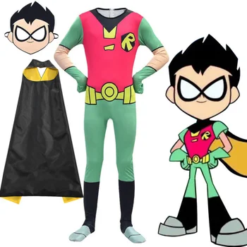 Halloween Kostiumai Vaikams Teen Titans Eiti Robin Cosplay Berniukų, Mergaičių Bodysuit ir apsiaustas Animacinių filmų Disfraces Karnavalas Šalies Drabužių