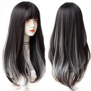 HOIUYAN Moterų ilgi tiesūs plaukai, kirpčiukai sintetinis perukas gradientas pilka sintetinių cosplay Lolita