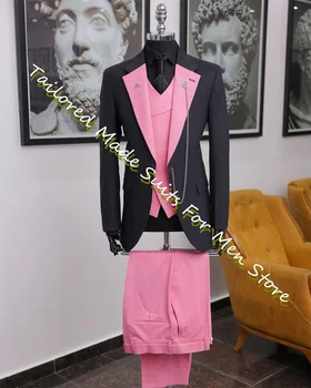 Juoda Rausva Kontrasto Spalvų Mens Tiktų Vestuvių Suknelės Vyrai Jaunikis Smokingas Prabangos Dizaineris italijos Švarkas Nustatyti Vyrų Slim Fit 3pc