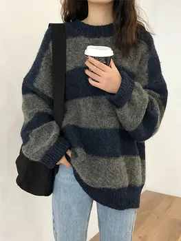 Korėjos Panelled Suede Moteris Megztinis Puloveriai O-kaklo Prarasti Dryžuotas Minkštas Kasdienių Drabužių Rudenį, Žiemą Šilta Moteriška Elegancija Megztinis