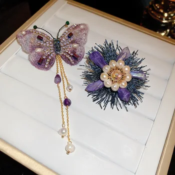 Minar Prabanga CZ Cirkonis Cirkonio Violetinė Spalva Crystal Gėlavandenių Perlų Drugelio Sparnai Gėlių Ilgai Kutas Sages Moterims