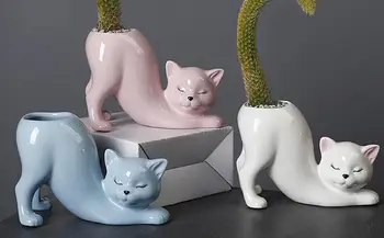Mini Katės Formos Keramikos Vazonas Animacinių Filmų Mielas Vertus Darbalaukio Vazoninių Išraiška Katė Augalų Puodą Stalo, Papuošti Mažų Ornamentais