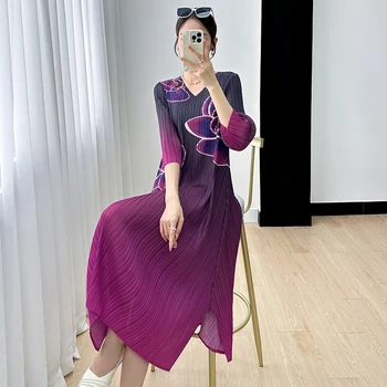 Miyake suknelė moteriška rudens 2023 naujus high-end spausdintos kelių sluoksnių temperamentas priemiestinių mados apkarpytos rankovėmis suknelė
