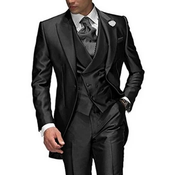 Naujas 3 Gabaliukai Juodo Vyrų Kostiumai su Snapeliu Atvartas Jaunikis Tuxedos Vestuvių Prom Vyrų Mados Kostiumas ( Striukė, Kelnės ) Custom