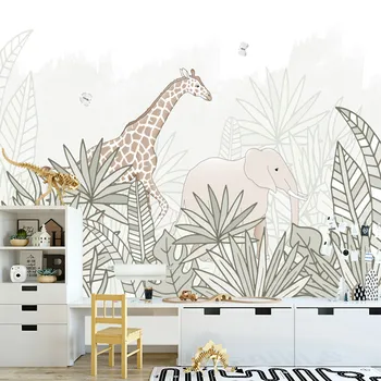 Ranka-paintedTropical augalų，Gyvūnų Pasaulyje，žirafa，dramblys，Individualų 3D freskos vaikams tapetų, lipnios tapetai, livi