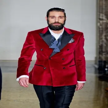 Raudona Pasiekė Atvartas Aksomo Vyrų Kostiumai 2020 naujausias Dizaino 2 Dalių (Švarkas+Kelnės) Mados Gražus Terno Masculino Specialiai Plius Dydis