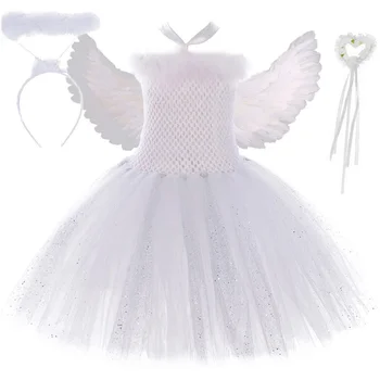 Sparkly Baltas Angelas Tutu Suknelė Plunksnų Sparnais Lazdos Išgalvotas Komplektai, Vaikams, Suknelės Angelo Kostiumas Mergaitėms Gimtadienio Drabužiai