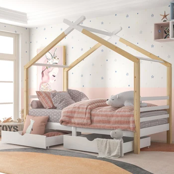 Vaikų lova namas lova su stalčiais, medžio masyvo su grotelinių rėmas, pušies medienos namai lova, baltas + medžio spalvos (90x200cm)